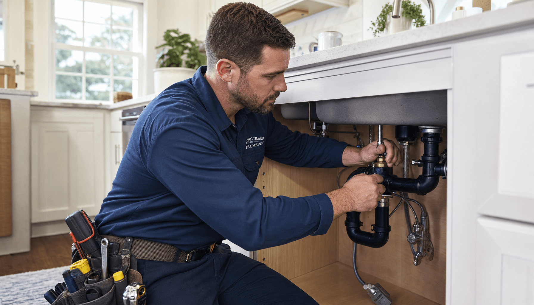 A plumber at work on a home plumbing job in Suffolk County