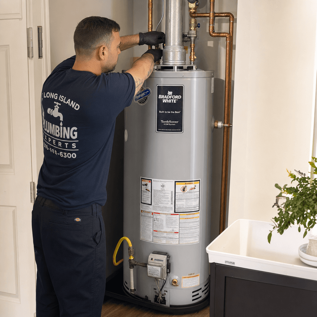 A plumber installing a new water heater in a Suffolk County home